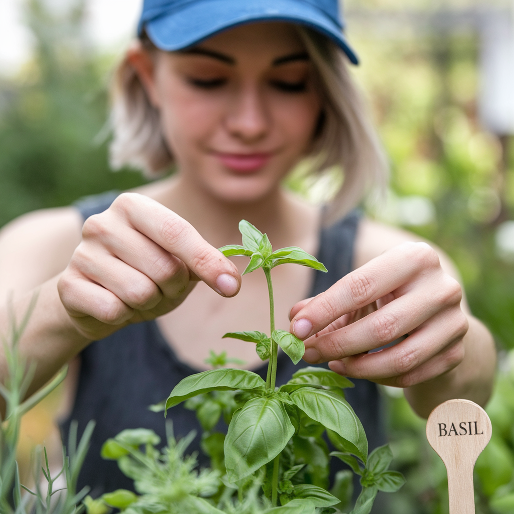 a womna in a blue cap snipping basil which is growing in a raised bed garden.  There is a sign that reads basil.