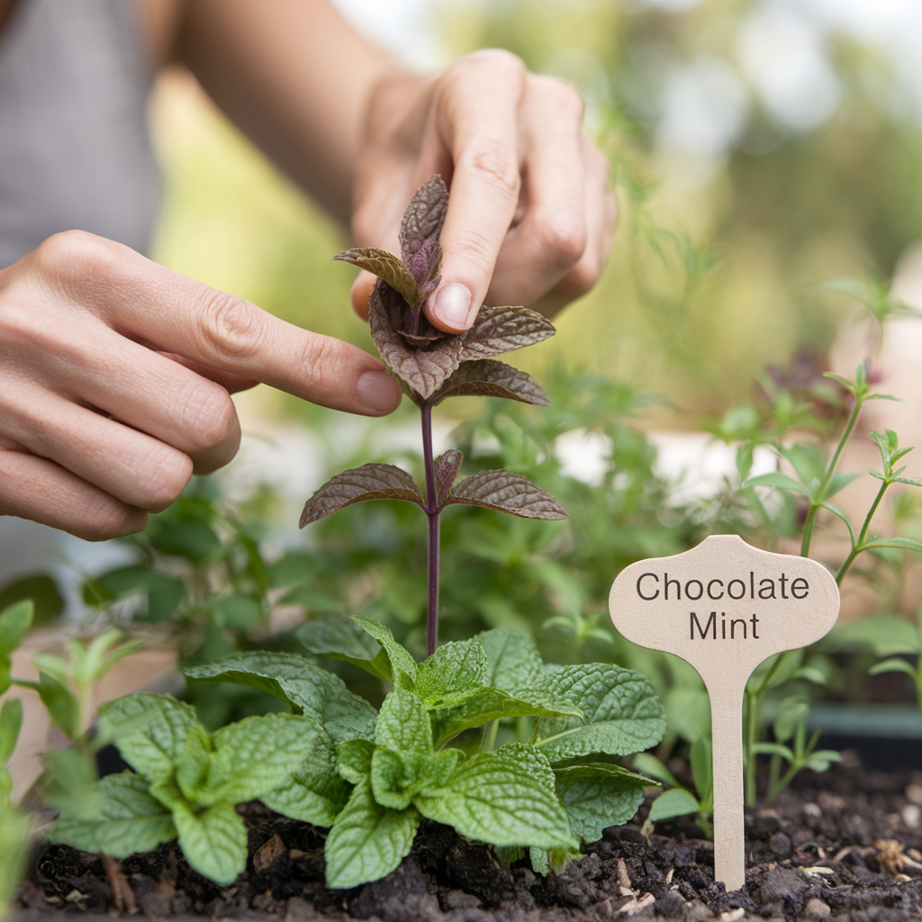 a woman pinching chocolate mint.  there is a sign that says chocolate mint