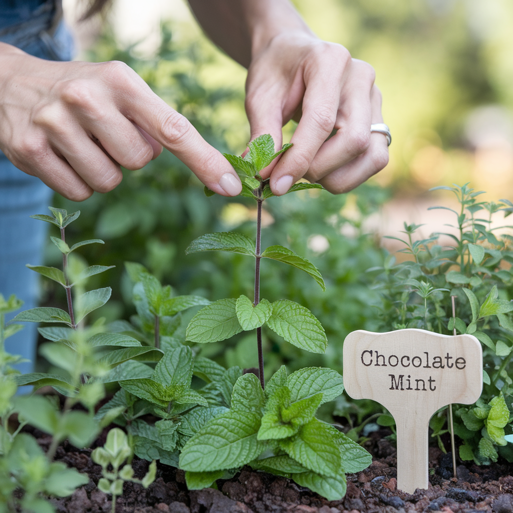 a woman pinching chocolate mint growing in a raised bed garden