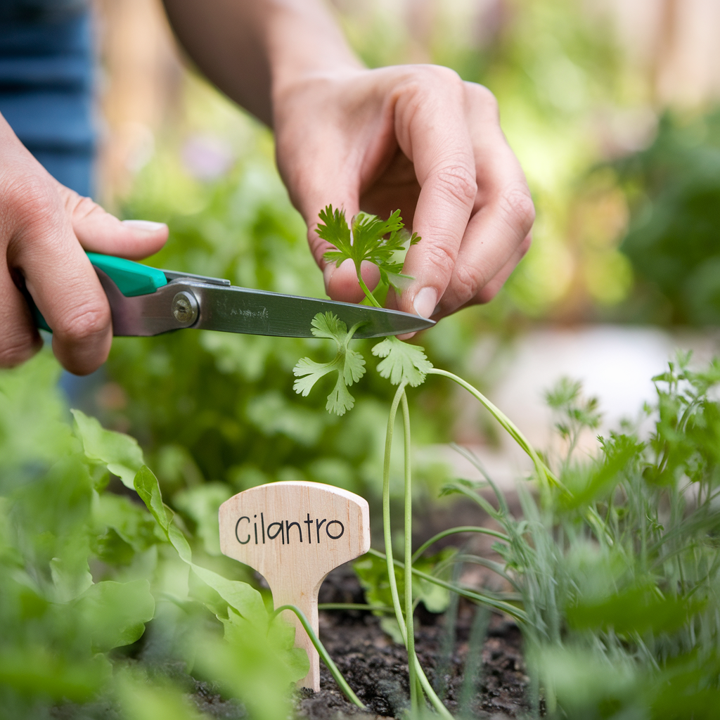 a woman's using clippers to clip cilantro. a sign reads cilantro