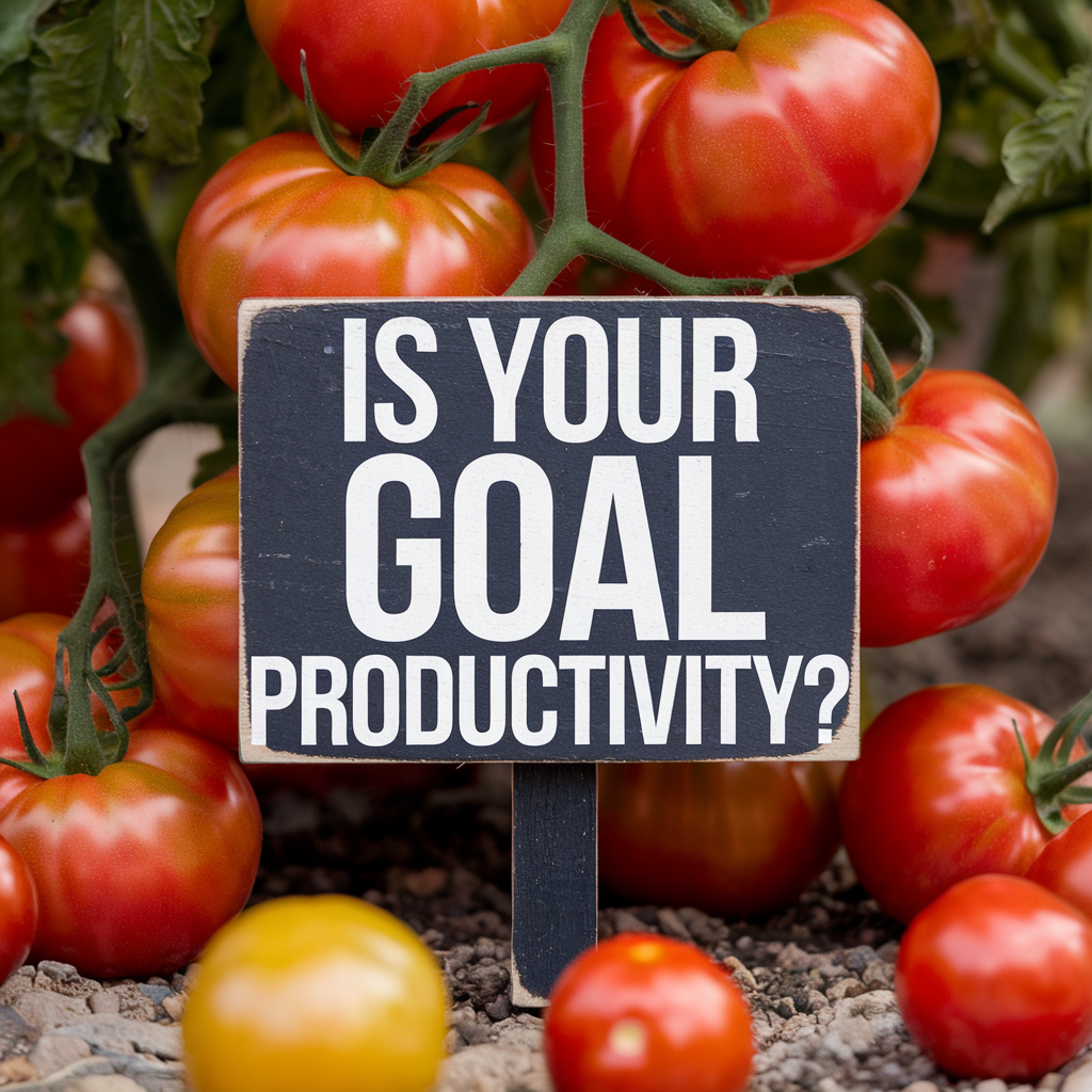 a sign that says is your goal productivity. red tomatoes growing in a raised bed in the background