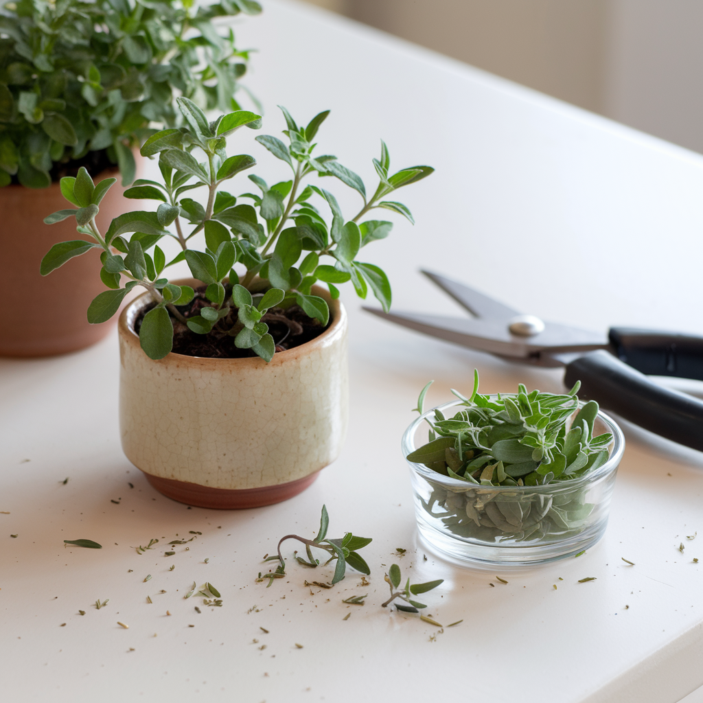 two oregano plants growing in pots. a bowl of fresh clippings and a pair of snippers on a white table