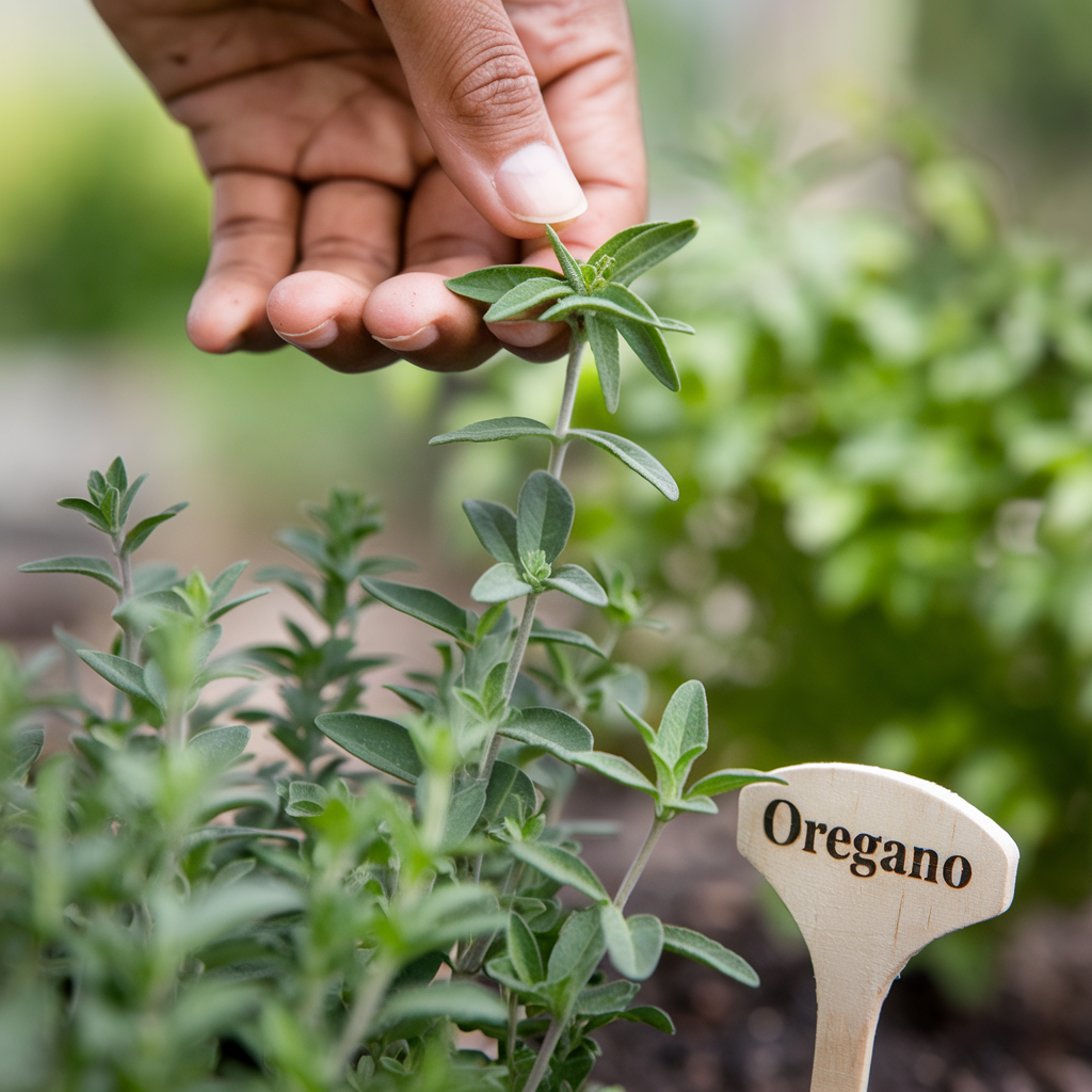 hand holding the top of an oregano plant for pinching. a sign reads oregano