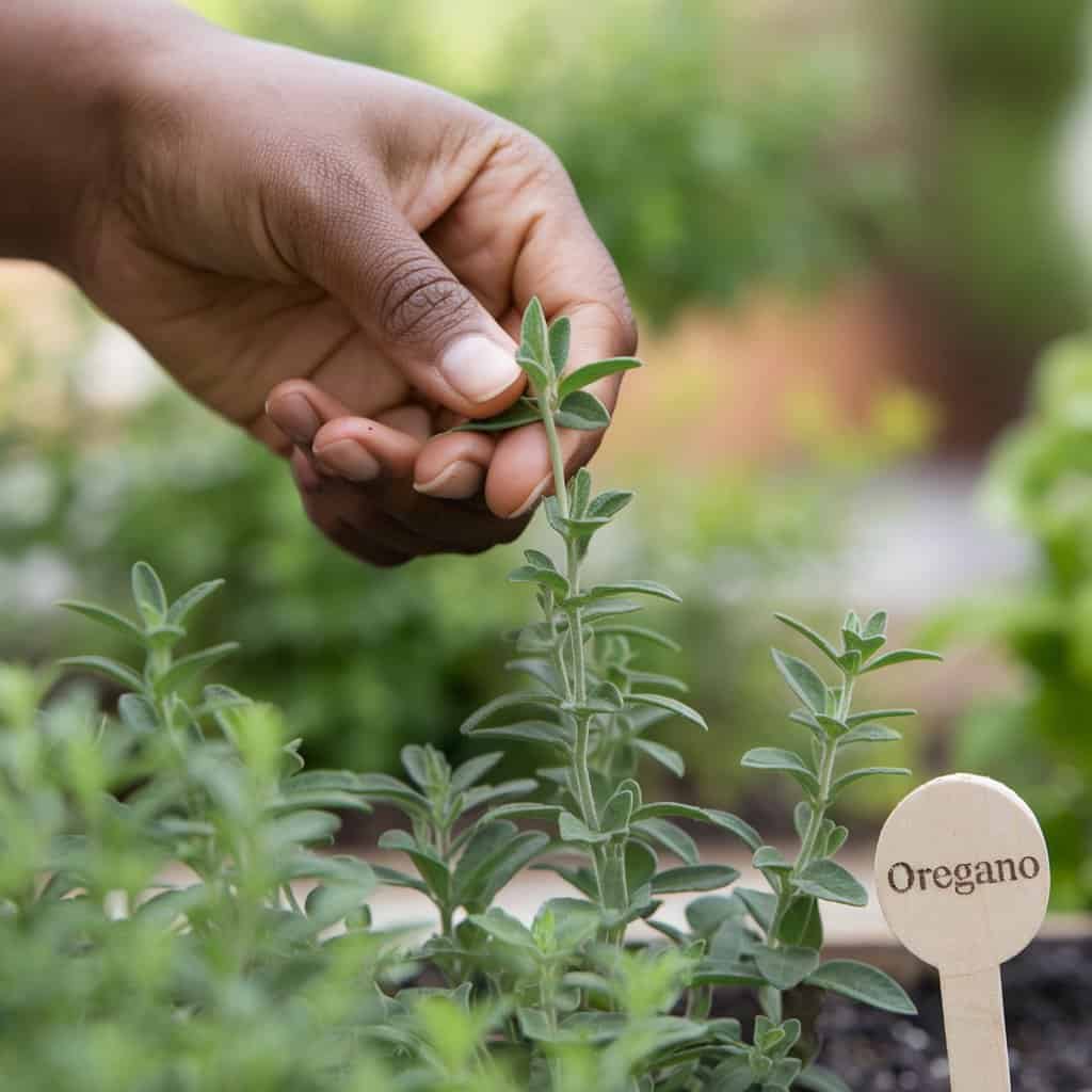 pinching oregano. a sign reads "oregano"