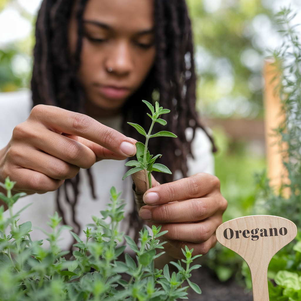 a woman pointing to the stem of oregano.  a sign reads"oregano"