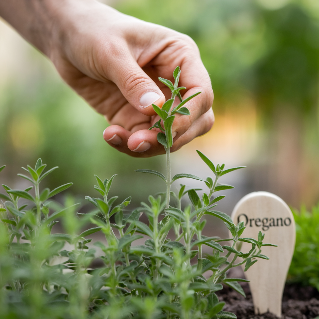 a hand identifying location to snip oregano