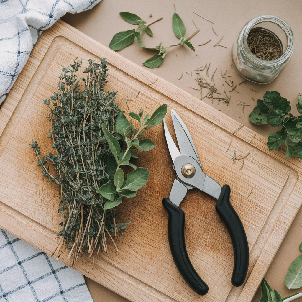 A top-down view of a wooden cutting board with a bundle of thyme and oregano, mid-cut with open pruning shears placed beside them. The scattered herb leaves add texture, while a kitchen towel and a small glass jar for storage complete the scene. 