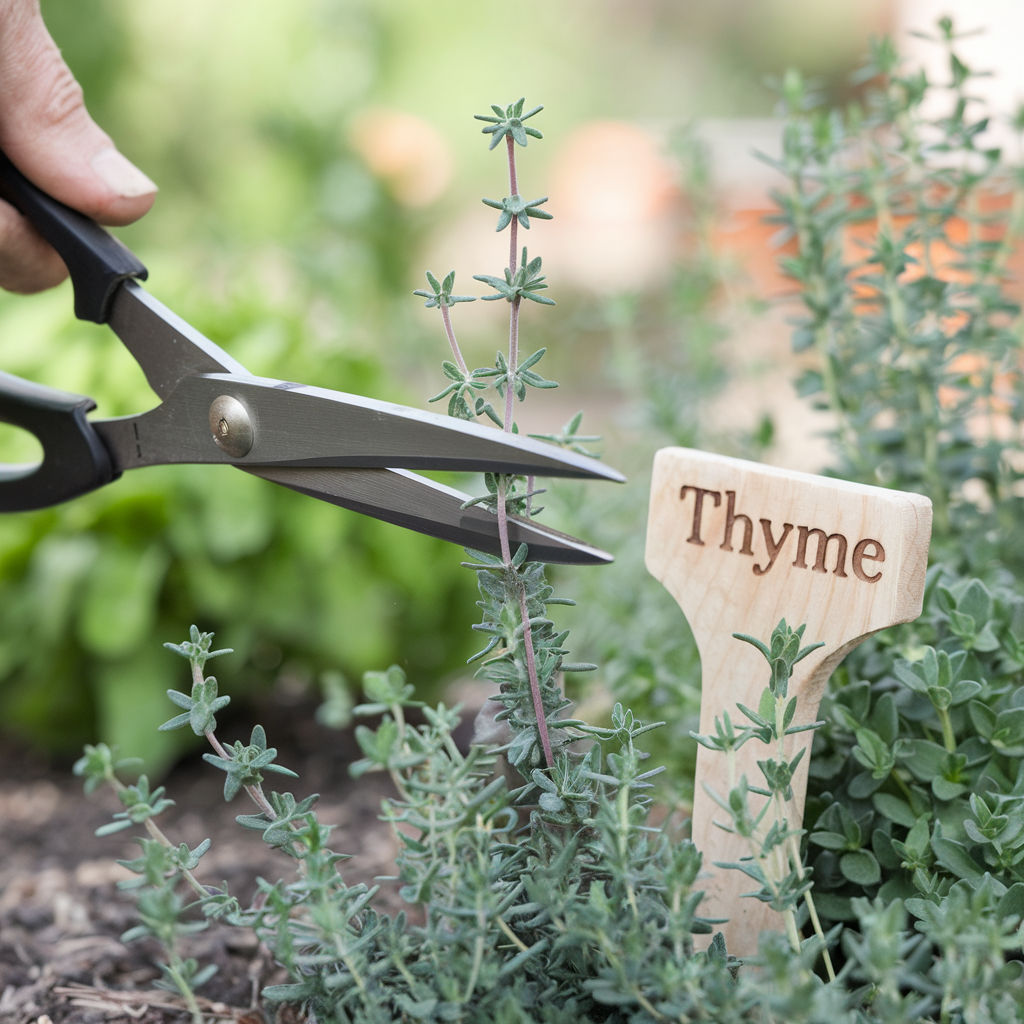 clipping thyme with scissors. and sign reads: thyme