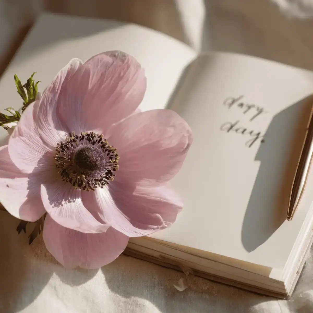 journal with pink flower and "Hapy Days"