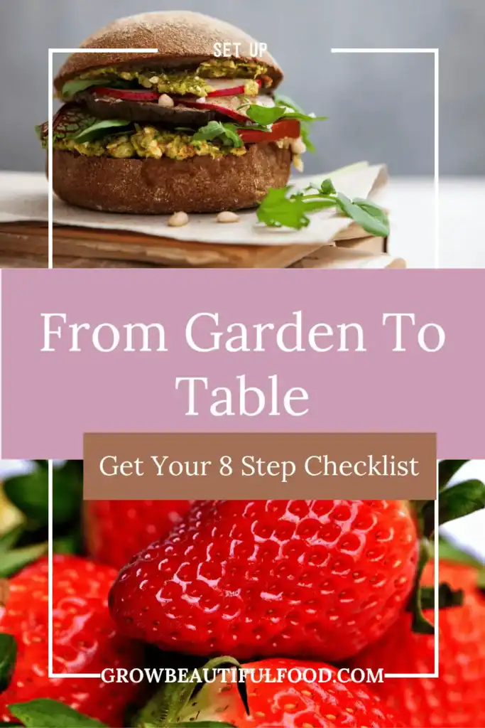 Vegetarian sandwich and fresh strawberries with overlay: From Garden to Table