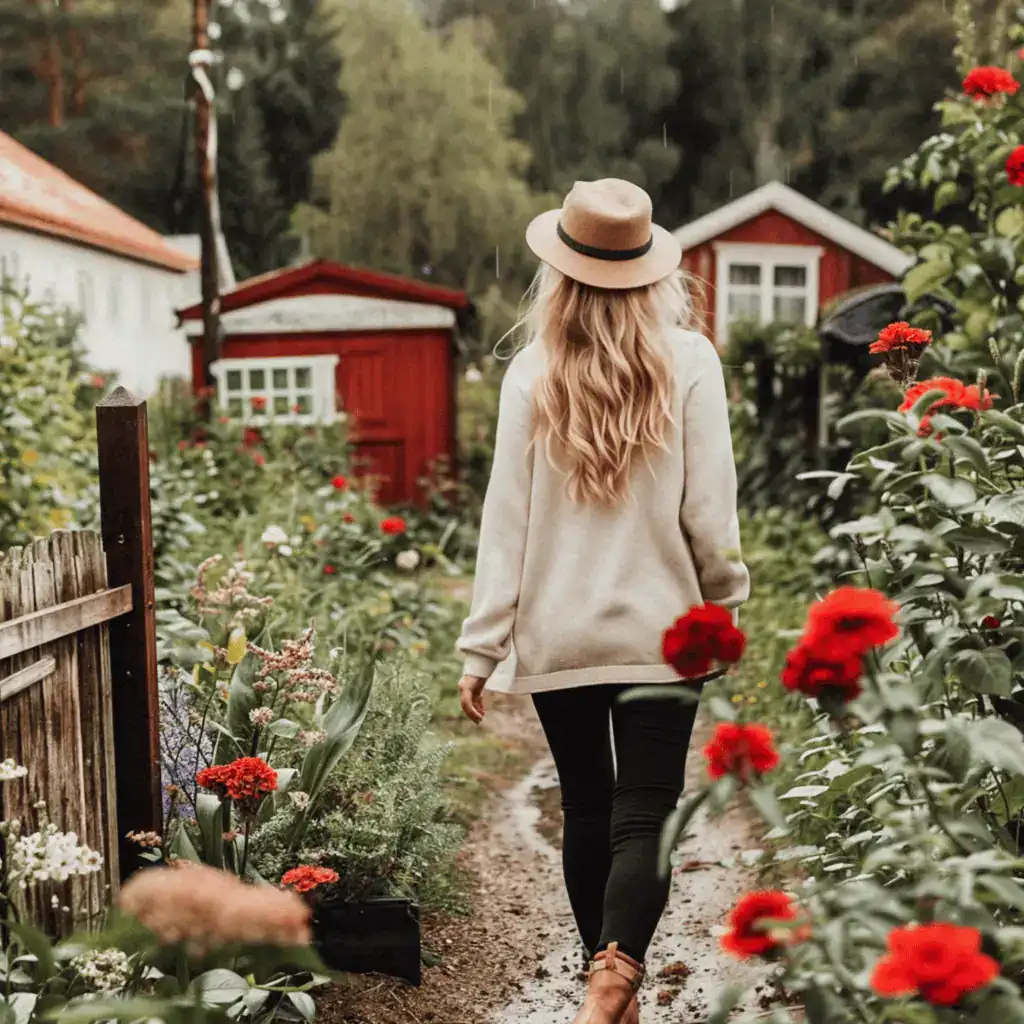 Lady with sweater on walking her garden in late fall
