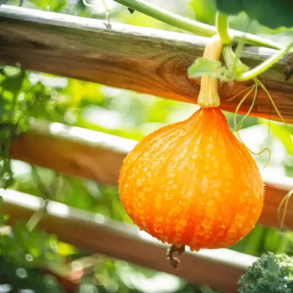 Orange winter squash growing on a trellis in a raised bed garden, supported by a wooden frame and healthy green vines.