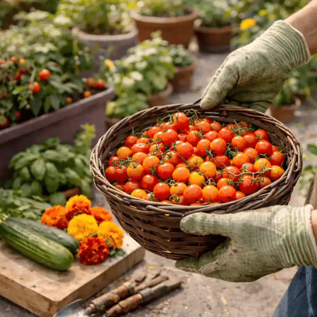 Harvesting sun-kissed cherry tomatoes