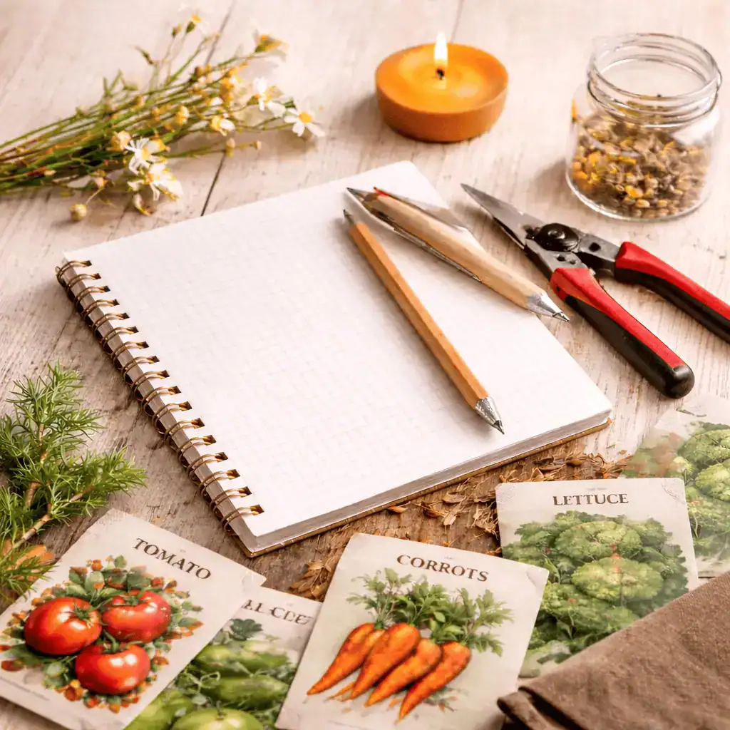 garden planning notepad pruners and seed packets