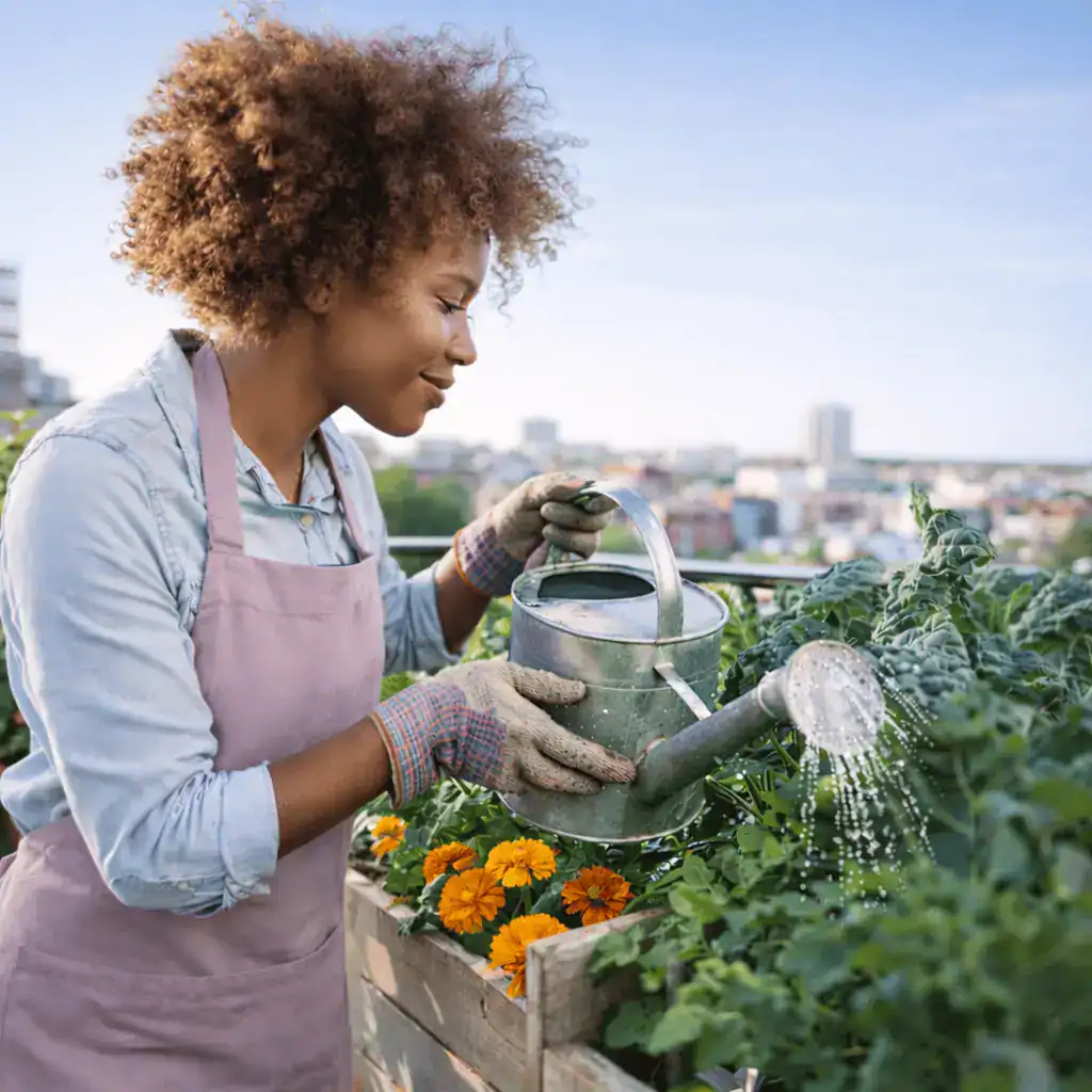 A woman watering her balcony garden